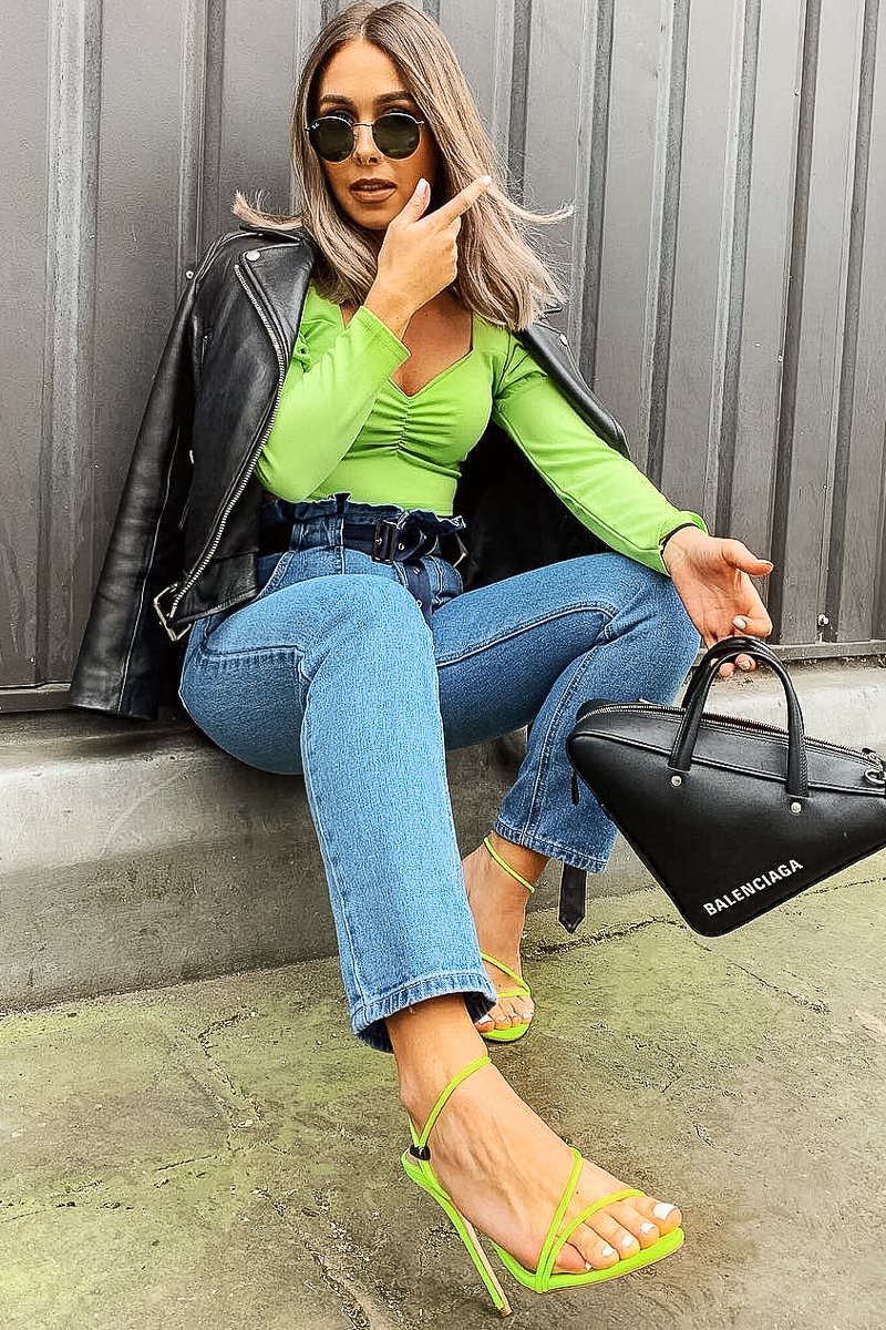 Light Wash Eyelet Belted Paper Bag Mom Jeans - Myli-Jeans