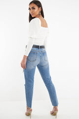 Light Wash Fray Hem Distressed Boyfriend Jeans - Kaiah-Jeans