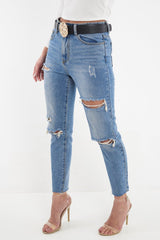 Light Wash Fray Hem Distressed Boyfriend Jeans - Kaiah-Jeans