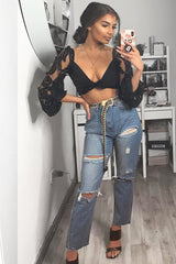 Light Wash Fray Hem Distressed Boyfriend Jeans - Kaiah-Jeans