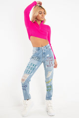 Light Wash Graffiti Print Distressed Boyfriend Jeans - Maryana-Jeans