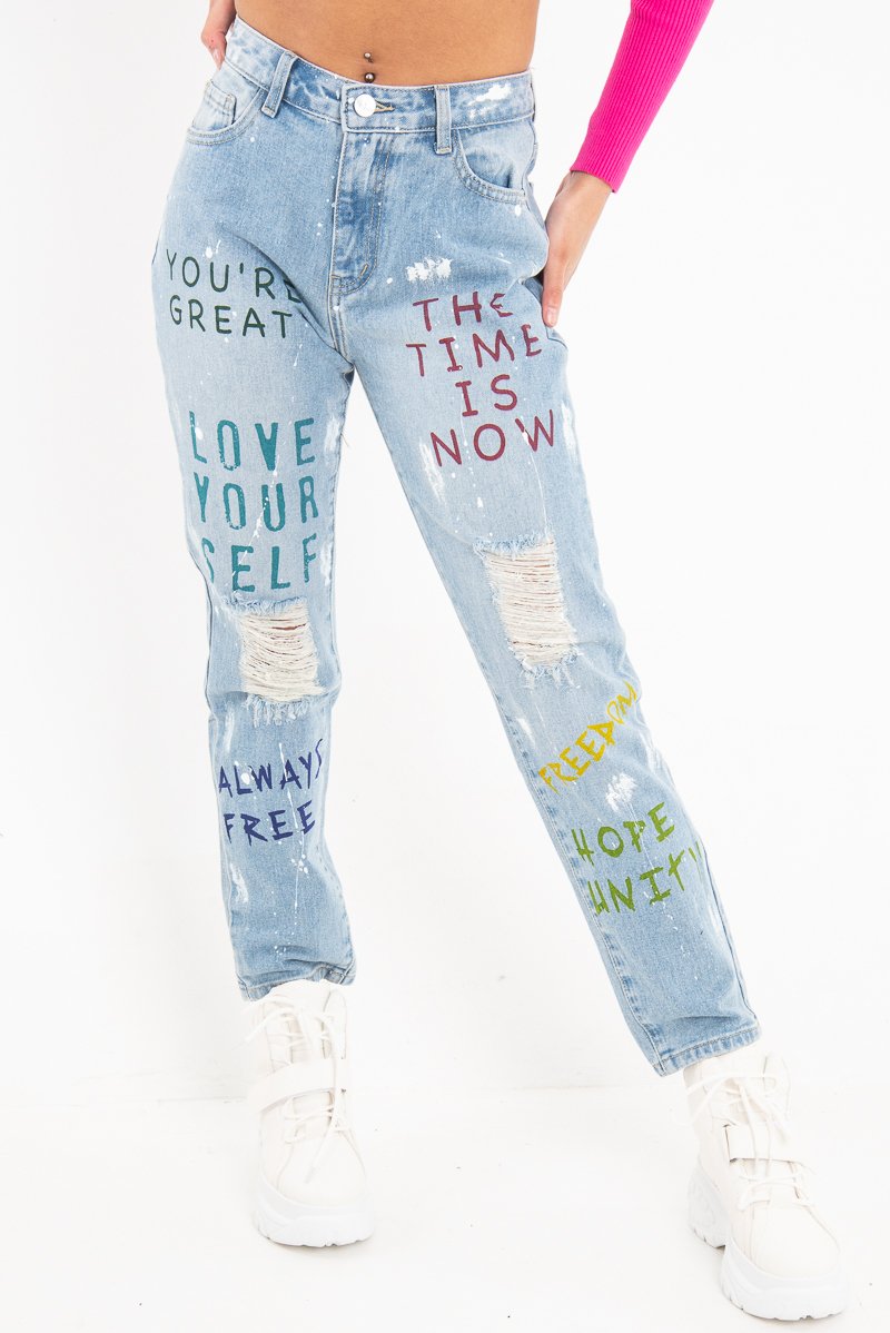 Light Wash Graffiti Print Distressed Boyfriend Jeans - Maryana-Jeans
