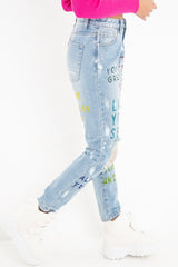 Light Wash Graffiti Print Distressed Boyfriend Jeans - Maryana-Jeans