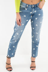 Light Wash Heart Print Boyfriend Denim Jeans - Elainna-Jeans