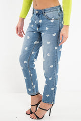 Light Wash Heart Print Boyfriend Denim Jeans - Elainna-Jeans