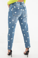 Light Wash Heart Print Boyfriend Denim Jeans - Elainna-Jeans