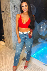 Light Wash Heart Print Boyfriend Denim Jeans - Elainna-Jeans