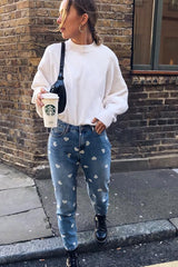 Light Wash Heart Print Boyfriend Denim Jeans - Elainna-Jeans