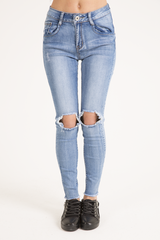 Light Wash High Waisted Knee Rip Jeans - Penelope-Jeans