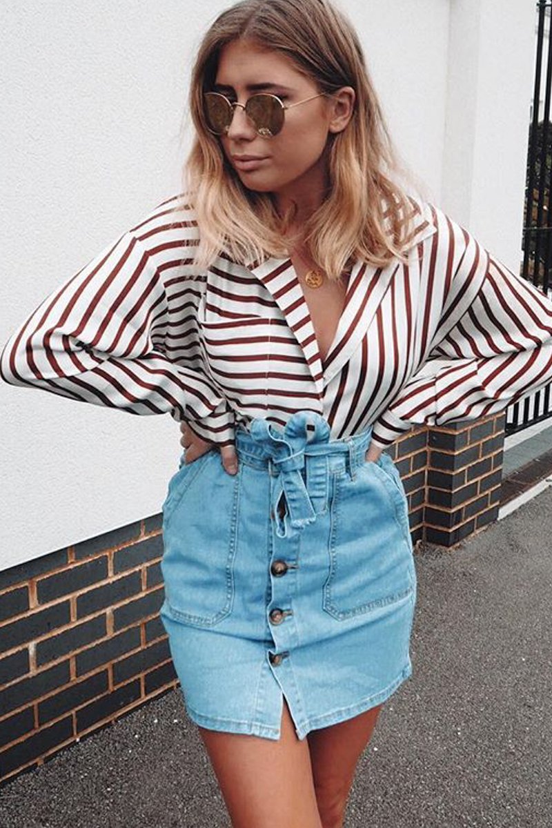 Light Wash Horn Button Front Denim Mini Skirt - Yazmin-Skirts