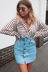 Light Wash Horn Button Front Denim Mini Skirt - Yazmin-Skirts