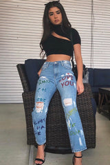 Light Wash Love Graffiti Print Distressed Boyfriend Jeans - Maggie-Jeans