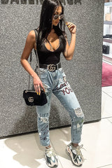 Light Wash Love Graffiti Print Distressed Boyfriend Jeans - Maggie-Jeans