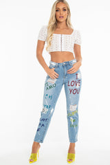 Light Wash Love Graffiti Print Distressed Boyfriend Jeans - Maggie-Jeans