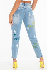 Light Wash Love Graffiti Print Distressed Boyfriend Jeans - Maggie-Jeans