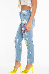 Light Wash Love Graffiti Print Distressed Boyfriend Jeans - Maggie-Jeans