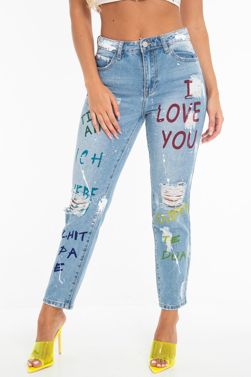 Light Wash Love Graffiti Print Distressed Boyfriend Jeans - Maggie-Jeans