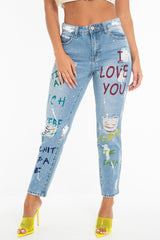 Light Wash Love Graffiti Print Distressed Boyfriend Jeans - Maggie-Jeans
