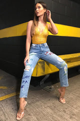 Light Wash Love Graffiti Print Distressed Boyfriend Jeans - Maggie-Jeans