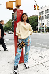 Light Wash Love Graffiti Print Distressed Boyfriend Jeans - Maggie-Jeans