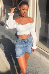 Light Wash Pearl Denim Skirt - Abir-Skirts