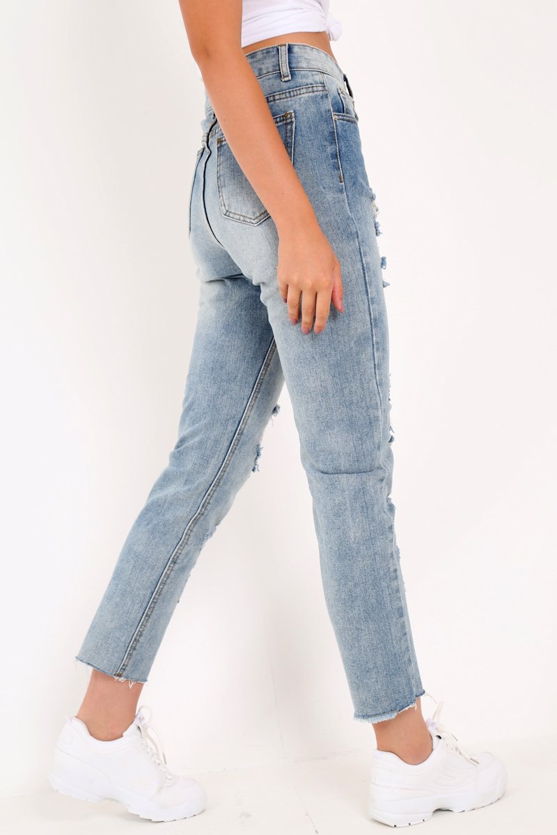 Light Wash Rip Front Distressed Mom Jeans - Merina-Jeans