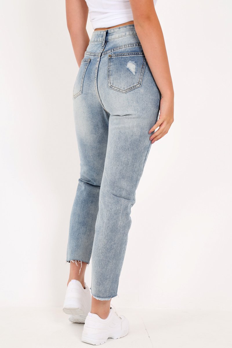 Light Wash Rip Front Distressed Mom Jeans - Merina-Jeans
