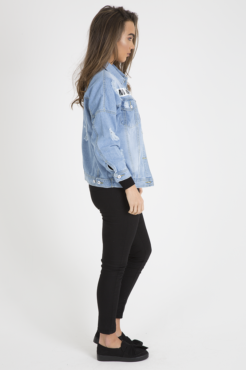 Light Wash Slogan Distressed Denim Jacket - Ashanti-Jackets