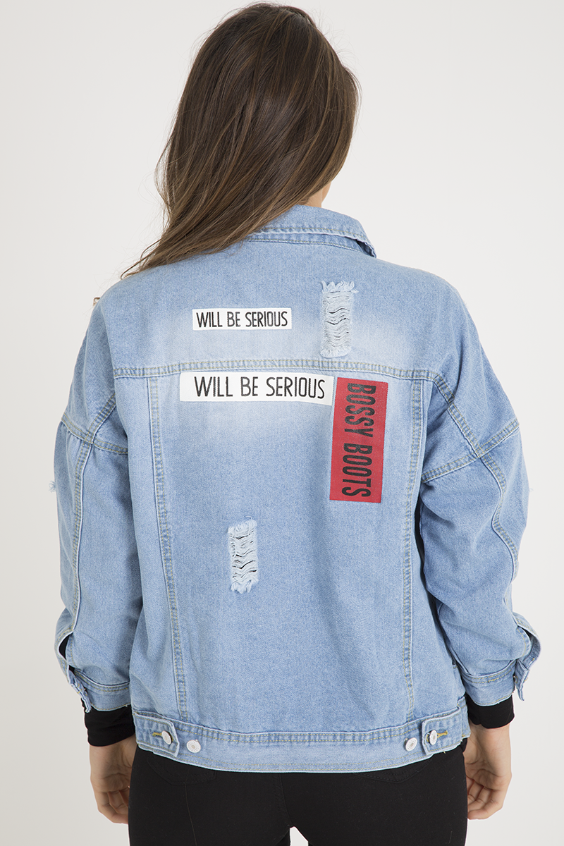 Light Wash Slogan Distressed Denim Jacket Ashanti Rebellious