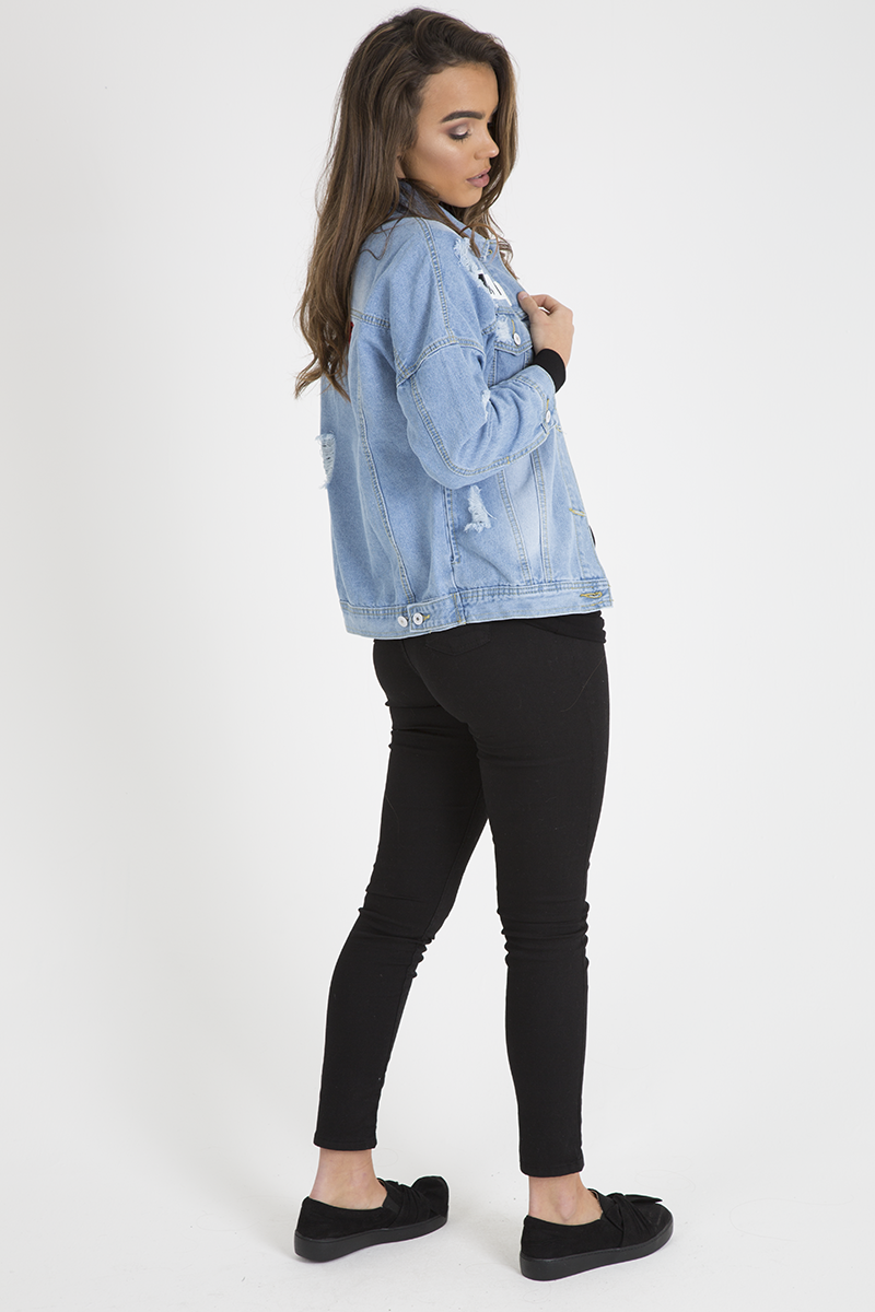 Light Wash Slogan Distressed Denim Jacket - Ashanti-Jackets