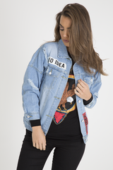 Light Wash Slogan Distressed Denim Jacket - Ashanti-Jackets