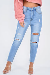 Light Wash Two Tone Ripped Hem Jeans - Lollie-Jeans