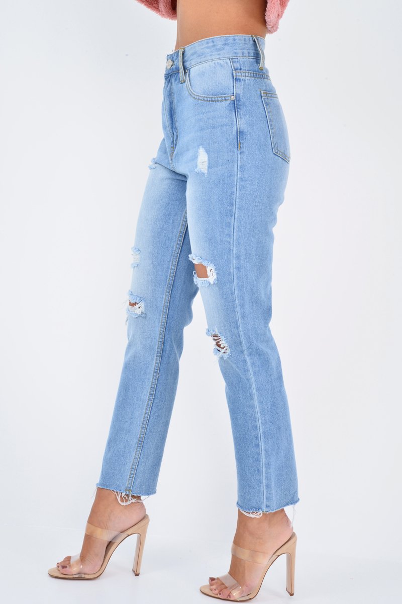 Light Wash Two Tone Ripped Hem Jeans - Lollie-Jeans