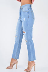 Light Wash Two Tone Ripped Hem Jeans - Lollie-Jeans