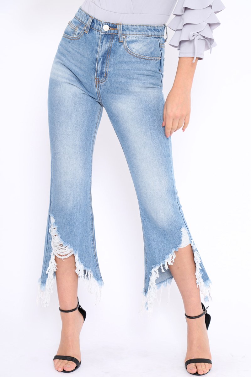 Light Wash Wide Leg Extreme Fray Hem Jeans - Abela-Jeans