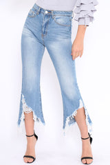 Light Wash Wide Leg Extreme Fray Hem Jeans - Abela-Jeans