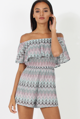 Lilac Aztec Bardot Crochet Playsuit - Vittoria-Playsuits