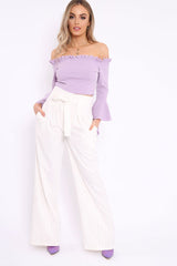 Lilac Bardot Frill Crop Top with Flared Sleeves - Tiffy-Tops