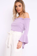 Lilac Bardot Frill Crop Top with Flared Sleeves - Tiffy-Tops