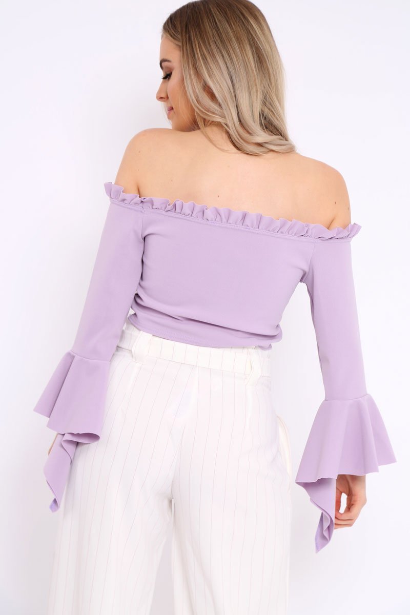 Lilac Bardot Frill Crop Top with Flared Sleeves - Tiffy-Tops