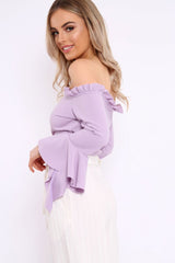 Lilac Bardot Frill Crop Top with Flared Sleeves - Tiffy-Tops
