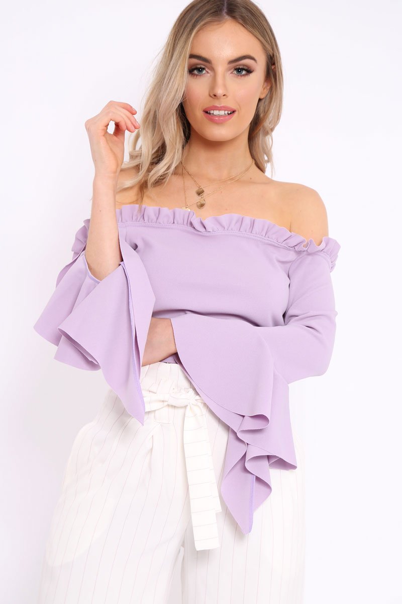 Lilac Bardot Frill Crop Top with Flared Sleeves - Tiffy-Tops
