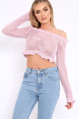 Lilac Bardot Ruffle Hem Crochet Top - Byrdie-Jumper