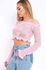 Lilac Bardot Ruffle Hem Crochet Top - Byrdie-Jumper