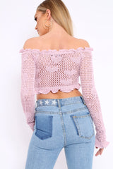 Lilac Bardot Ruffle Hem Crochet Top - Byrdie-Jumper