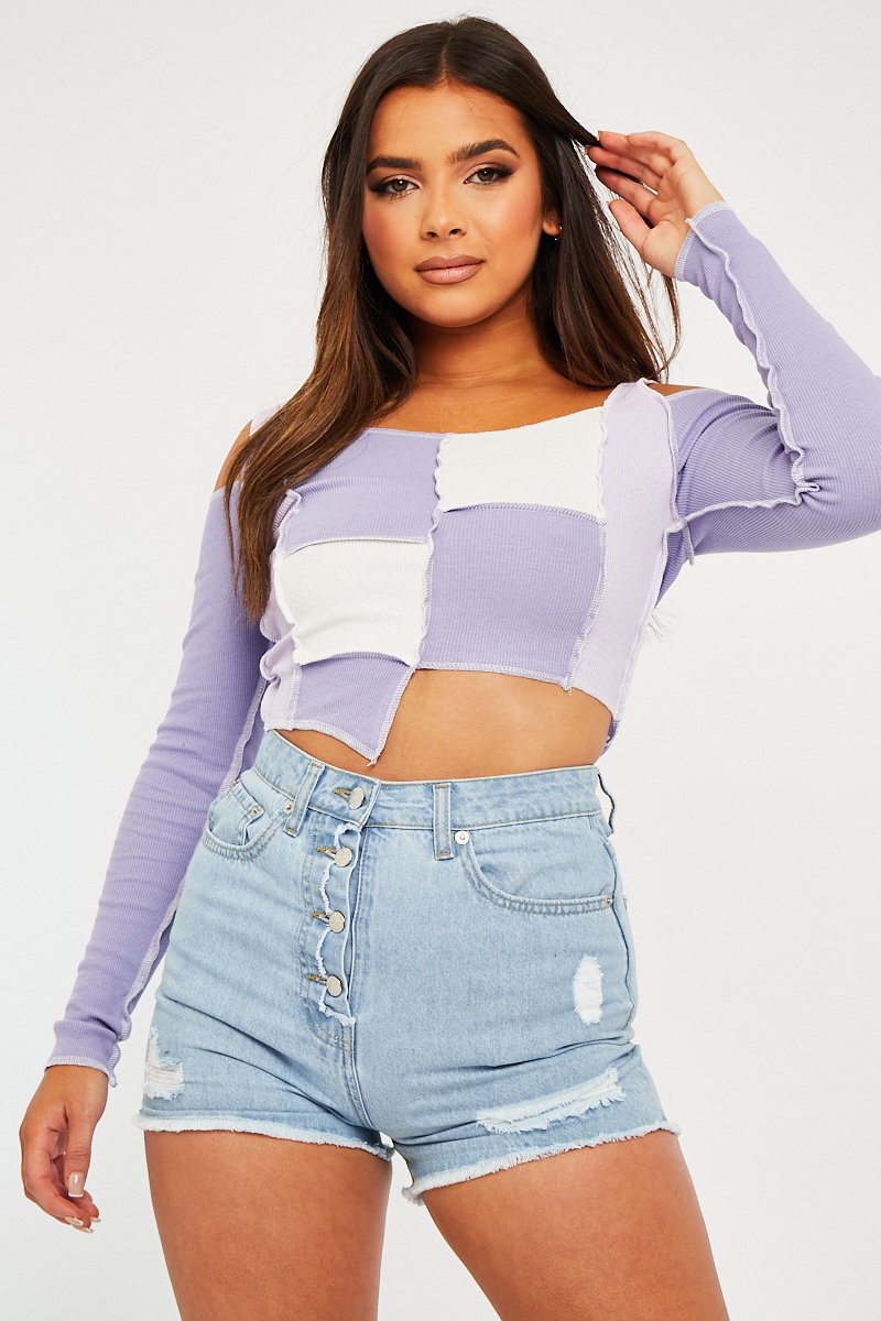 Lilac Colour Block Off Shoulder Crop Top - Lanae-Crop Tops