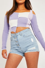 Lilac Colour Block Off Shoulder Crop Top - Lanae-Crop Tops