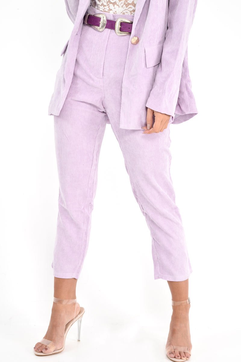 Lilac Corduroy High Waist Tapered Trousers - Emmelia-Trousers