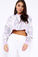 Lilac Cropped Batwing Camo Jumper - Lizy-Jumper