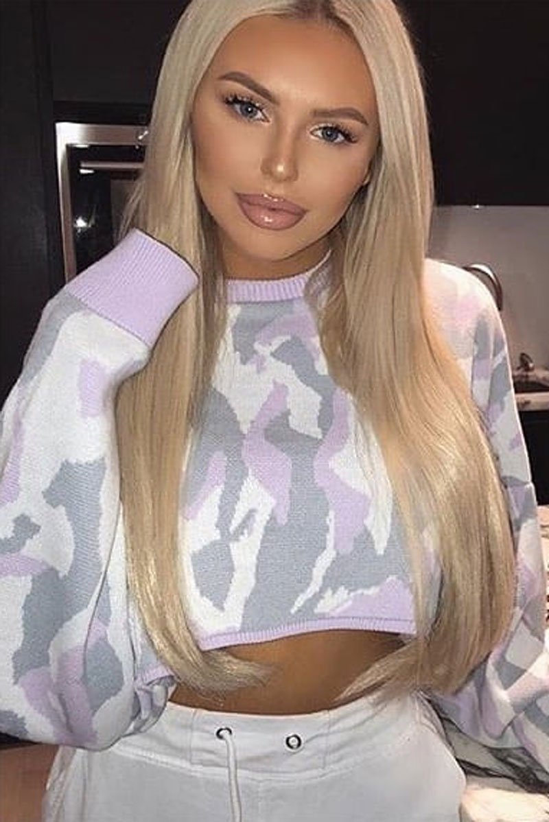 Lilac Cropped Batwing Camo Jumper - Lizy-Jumper